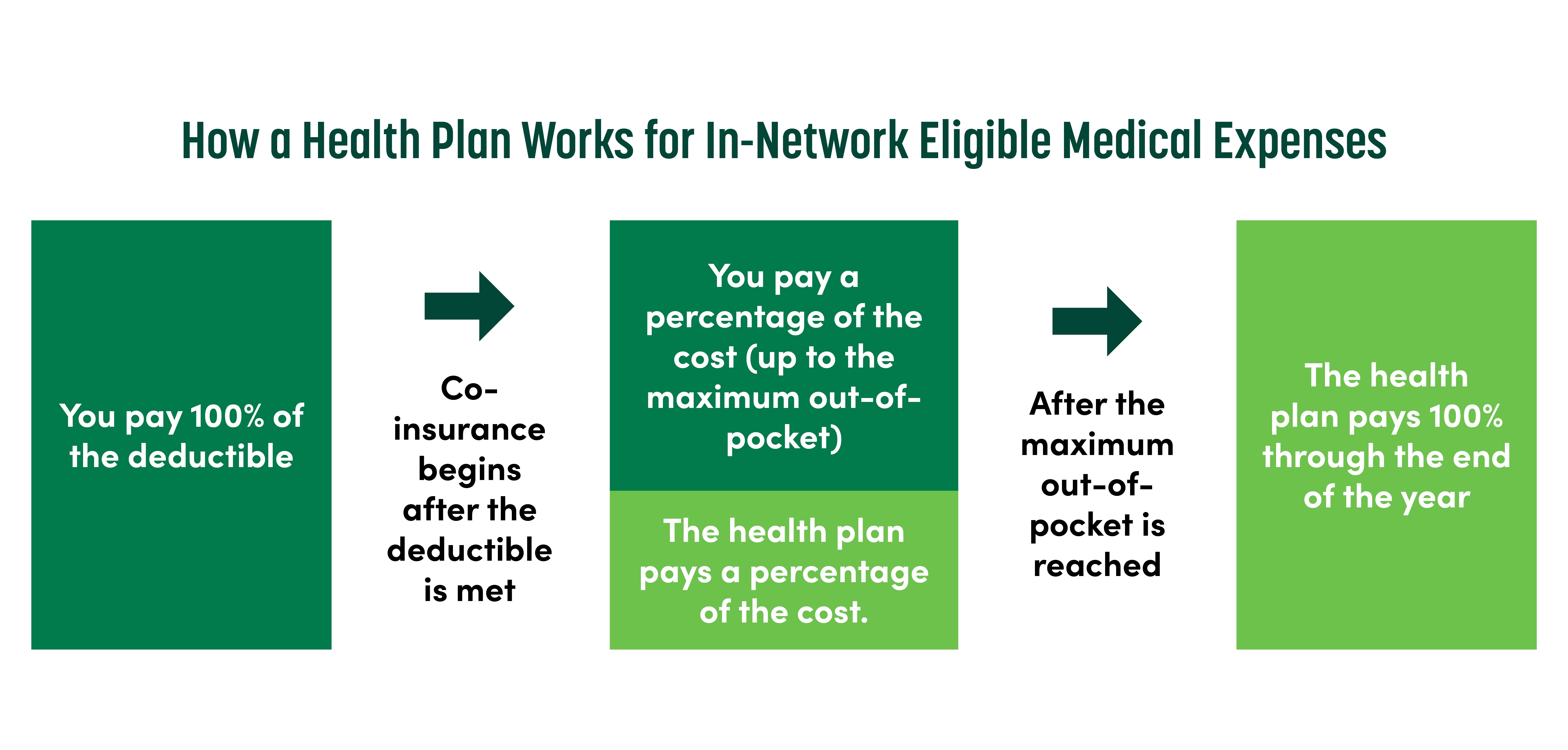 A step-by-step graph illustrates the progression of cost responsibility between the health plan member and the health plan.