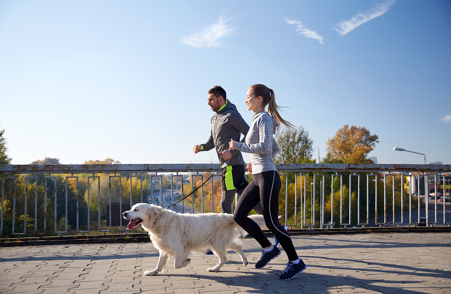 A man and woman run outdoors with a dog. 