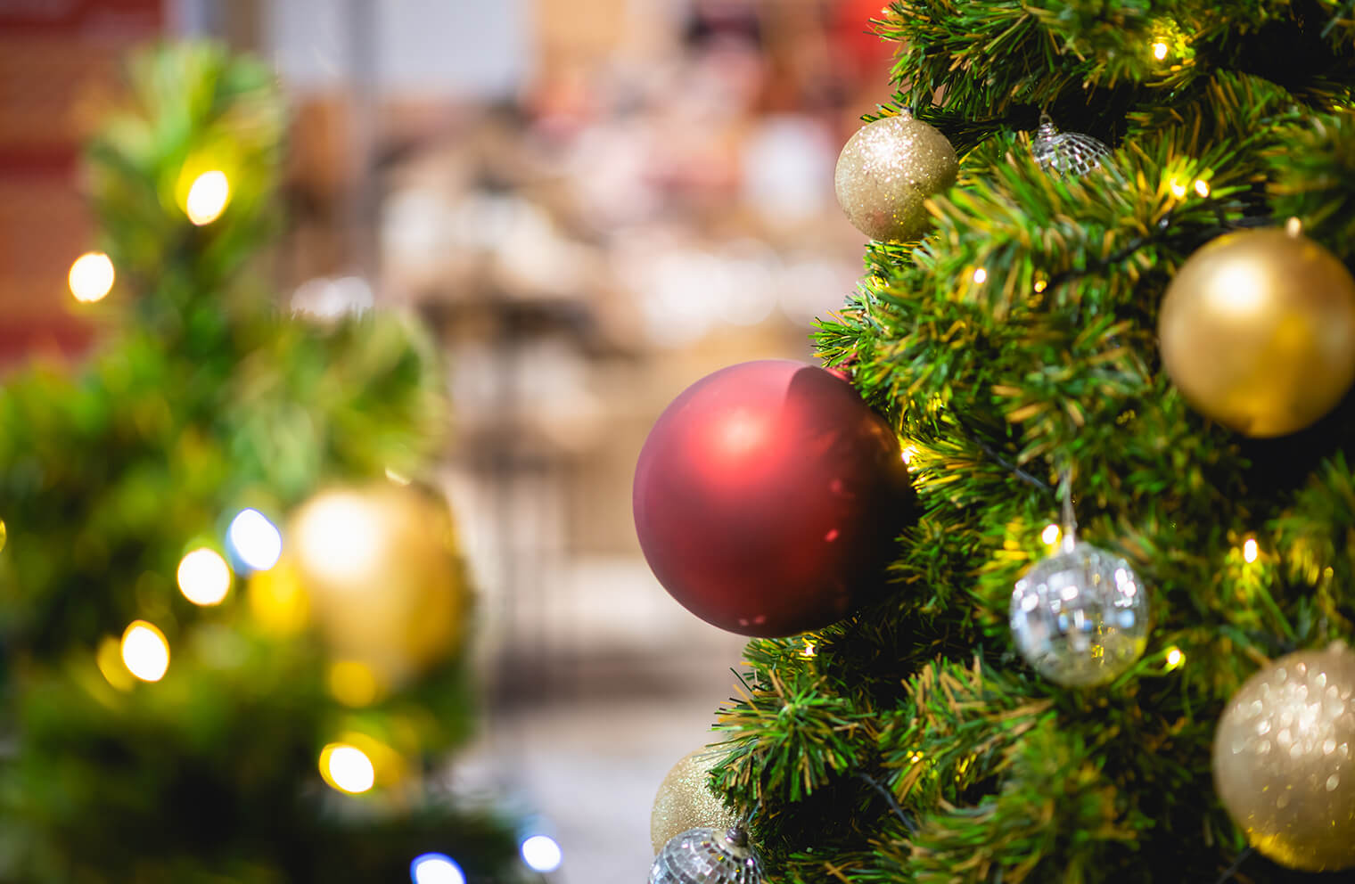 A Christmas tree decorated with ornaments.